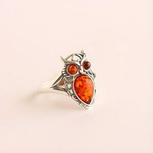 Baltic Amber Owl Ring in 925 Sterling Silver